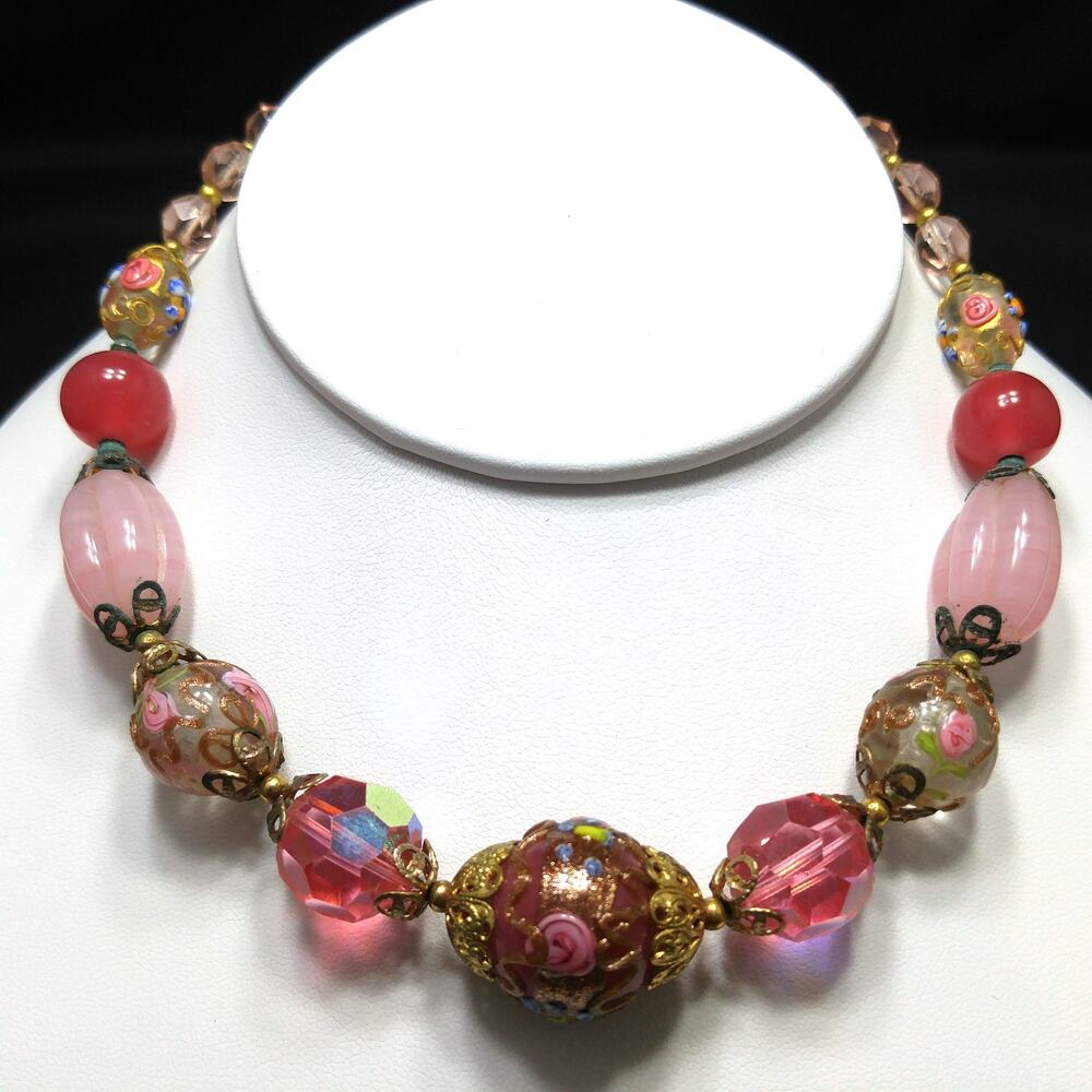 Wedding Cake Pink Choker Necklace, Crystal & Molded Beads, 1940s
